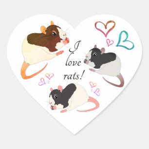 Cute Fancy Rats & Rainbow Hearts - I Love Rats!  Heart Sticker