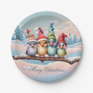 Cute fantasy birds with Christmas hats. Paper Plate