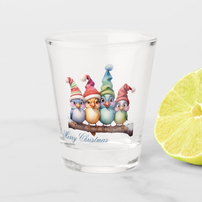 Cute fantasy birds with Christmas hats. Shot Glass (Front)