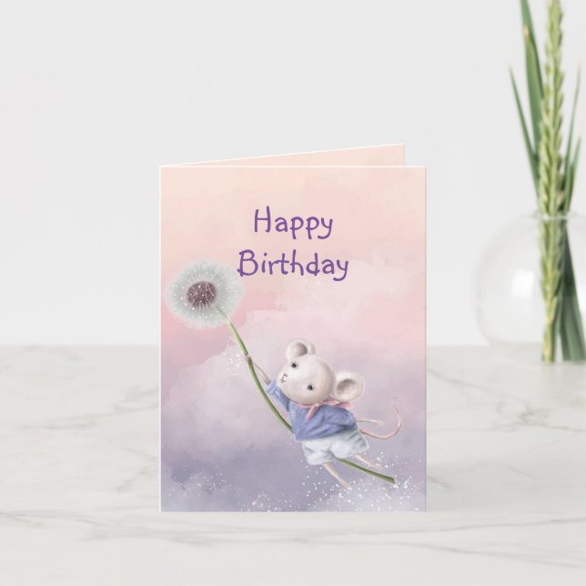  Cute Fantasy Birthday Mouse Dandelion Flying  Card (Front)