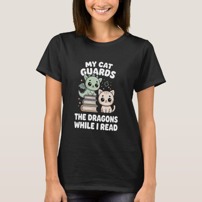 Cute Fantasy Book Reader Apparel Cat Dragon Bookis T-Shirt (Front)