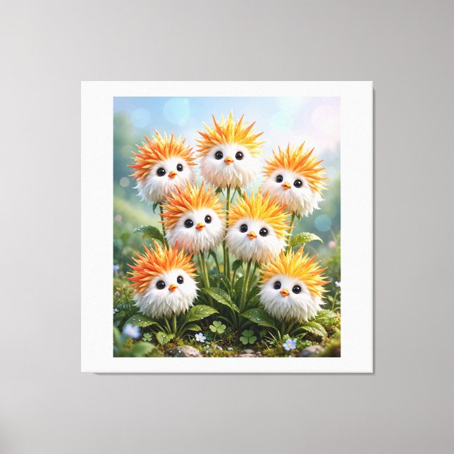 Cute Fantasy Chick Flowers Stretched Canvas Wall A Print (Front)