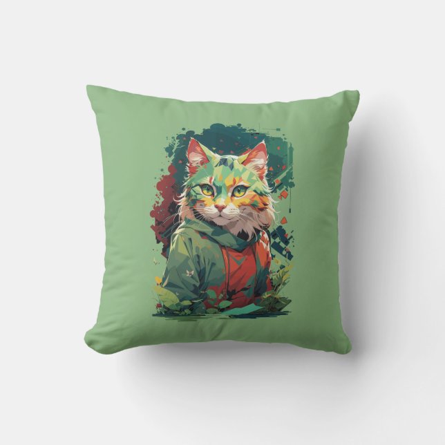 Cute Fantasy Colour Splash Cat Design Throw Pillow (Front)