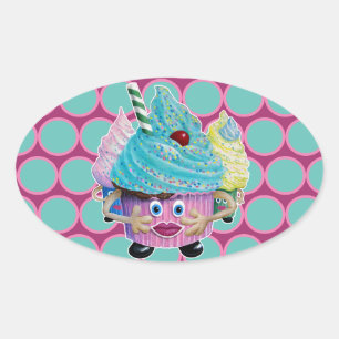 Cute Fantasy Creatur Cupcakes Illustrated Oval Sticker