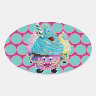 Cute Fantasy Creatur Cupcakes Illustrated Oval Sticker