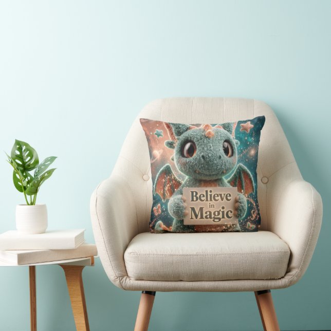 Cute Fantasy Dragon Plush Holding Believe in Magic Throw Pillow (Chair)