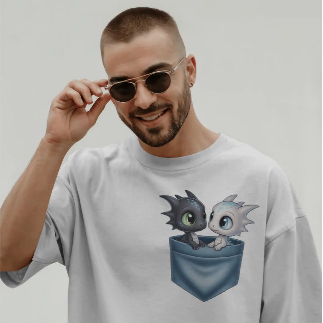 Cute Fantasy Dragons in Pocket | Baby Dragon Duo  T-Shirt (Toothless.LightFury.HTTYD.HowToTrainYourDragon.DragonLovers.CoupleShirts.BestFriendTees)