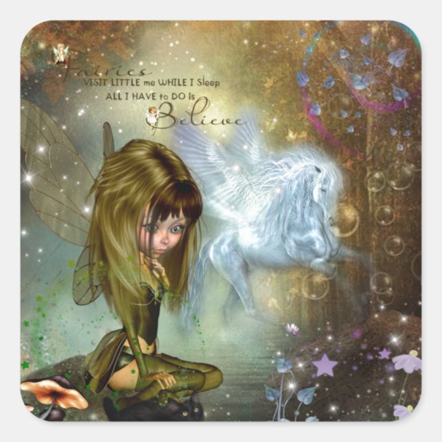 Cute Fantasy Fairy & Pegasus Believe Quote Square Sticker (Front)