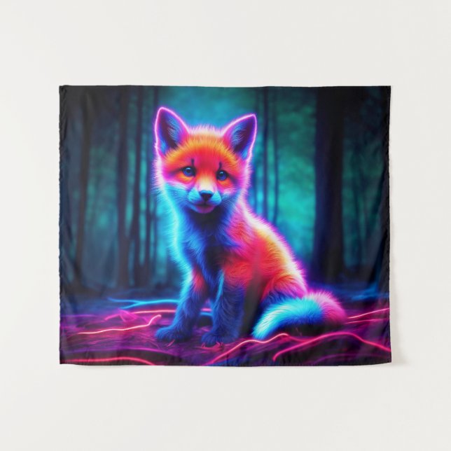 Cute fantasy glow fox with bioluminescent aura tapestry (Front (Horizontal))