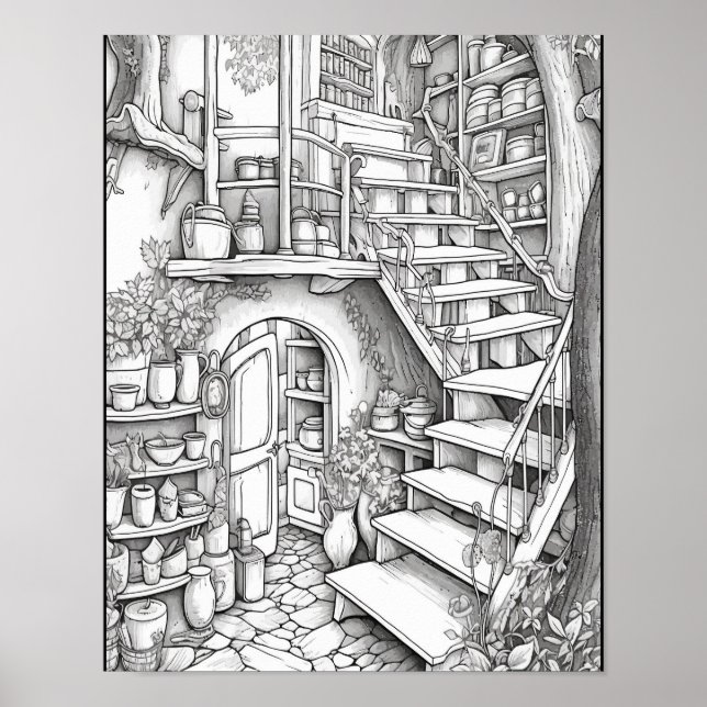 Cute Fantasy Interior Adult Colouring Poster (Front)