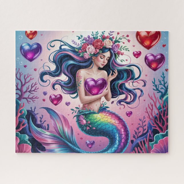 Cute Fantasy Mermaid With Hearts Jigsaw Puzzle (Horizontal)