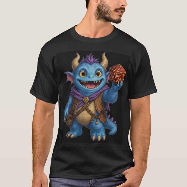 Cute Fantasy Monster Holding D20 Dice T-Shirt (Front)