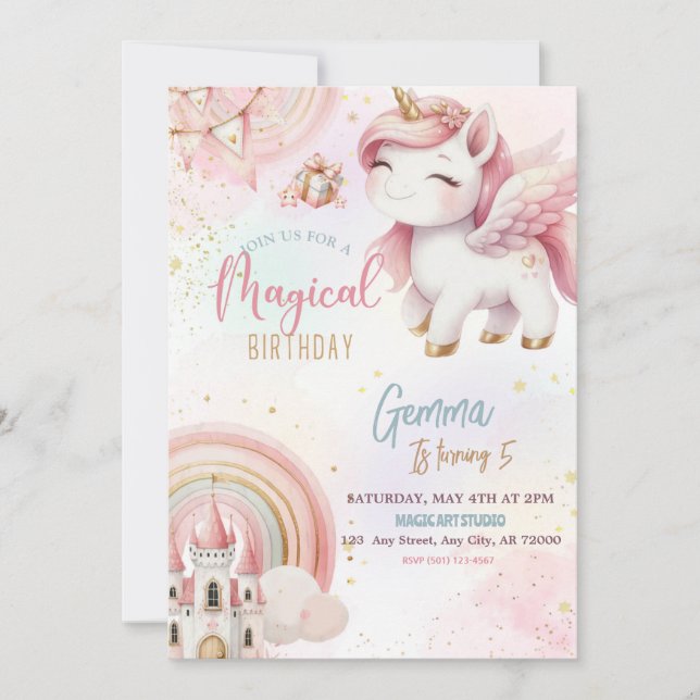 Cute Fantasy Pink Gold Unicorn Castle Birthday Invitation (Front)