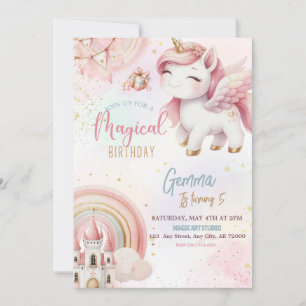 Cute Fantasy Pink Gold Unicorn Castle Birthday Invitation