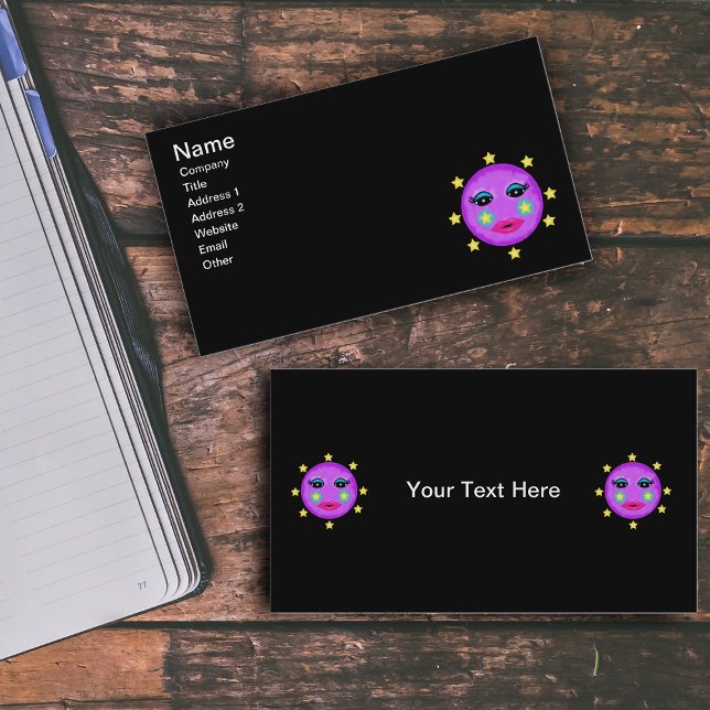 Cute Fantasy Purple Moon Face Stars Business Card (Fantasy purple moon with pretty face blue eyes circle yellow stars on black business cards.)