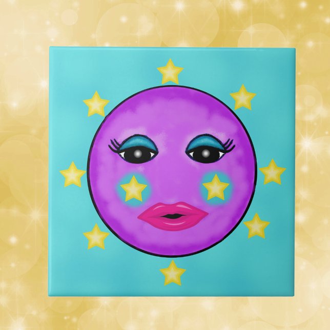 Cute Fantasy Purple Moon Face Stars Tile (Purple moon with face pink lips surrounded by yellow stars on aqua blue decorative tile.)