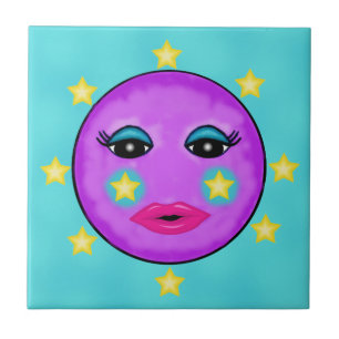 Cute Fantasy Purple Moon Face Stars Tile