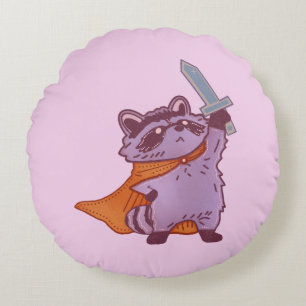 Cute Fantasy Raccoon Warrior with Sword and Cape Round Pillow