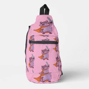 Cute Fantasy Raccoon Warrior with Sword & Cape Sling Bag