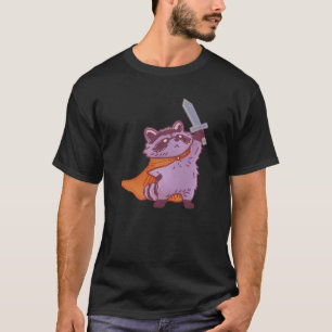Cute Fantasy Raccoon Warrior with Sword & Cape T-Shirt