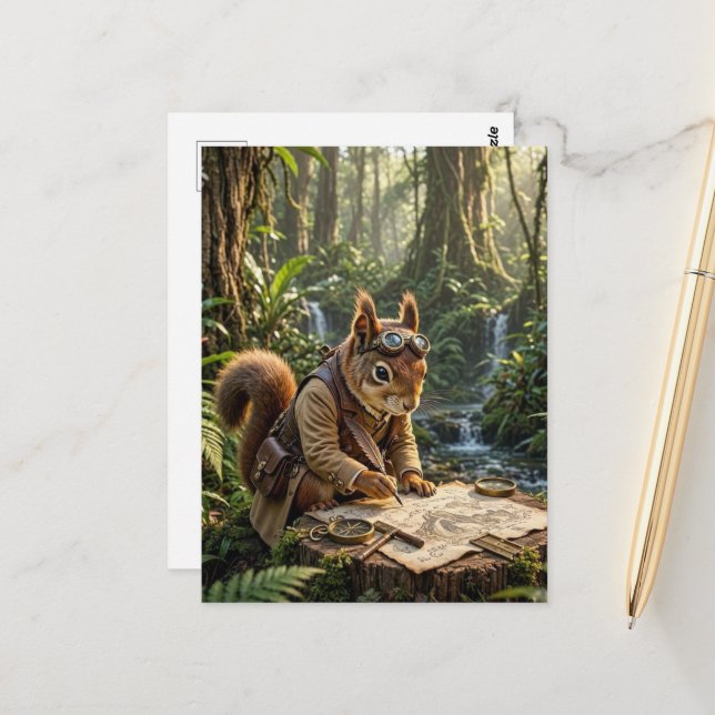 Cute Fantasy Squirrel Explorer Postcard (Front/Back In Situ)