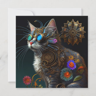 Cute fantasy steampunk cat and flowers AI art