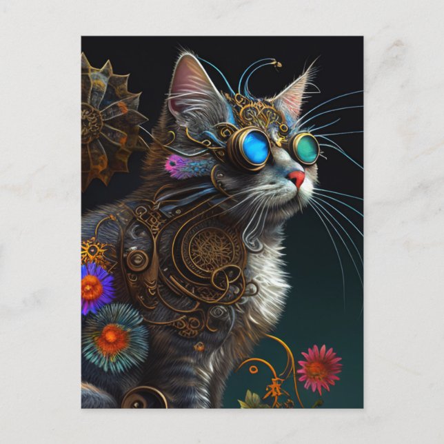Cute fantasy steampunk cat and flowers AI art Postcard (Front)