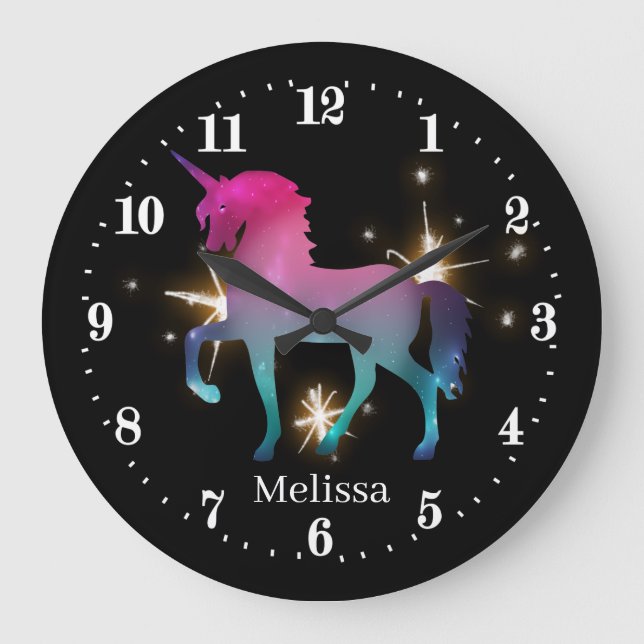 cute fantasy unicorn add name Large Clock (Front)