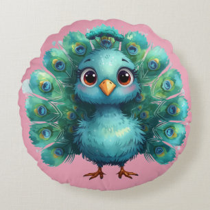 Cute Fantasy whimsical Blue Peacock Round Pillow