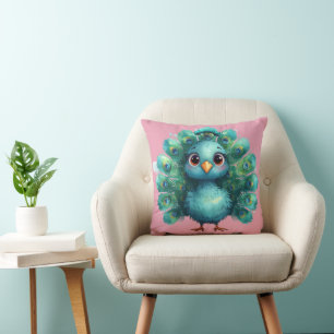 Cute Fantasy whimsical Blue Peacock Throw Pillow