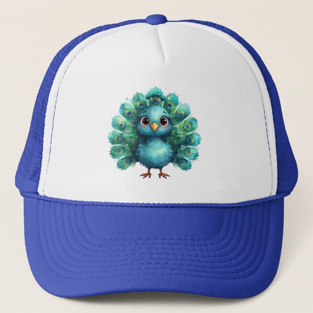 Cute Fantasy whimsical Blue Peacock Trucker Hat (Front)