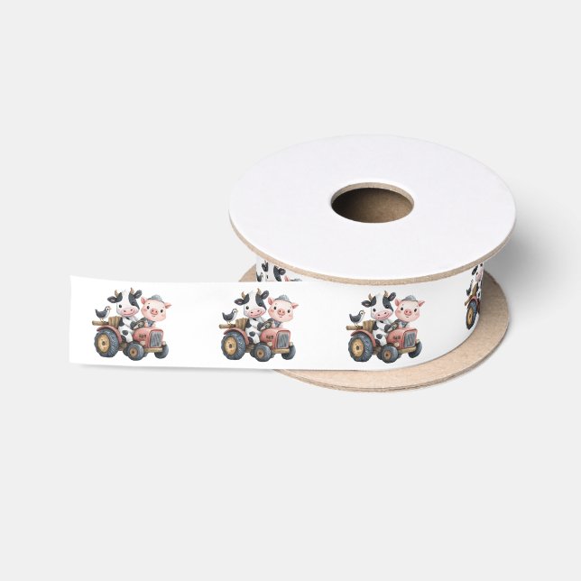 Cute Farm Animal Cow Pig Tractor Birthday Party Satin Ribbon (Spool)