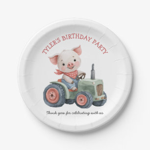 Cute Farm Animal Pig Tractor Birthday Party Paper Plate