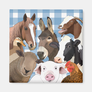 Cute Farm Animal Portrait Gingham Check - Blue Magnet