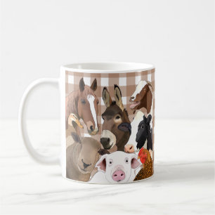Cute Farm Animal Portrait Gingham Check - Brown Coffee Mug