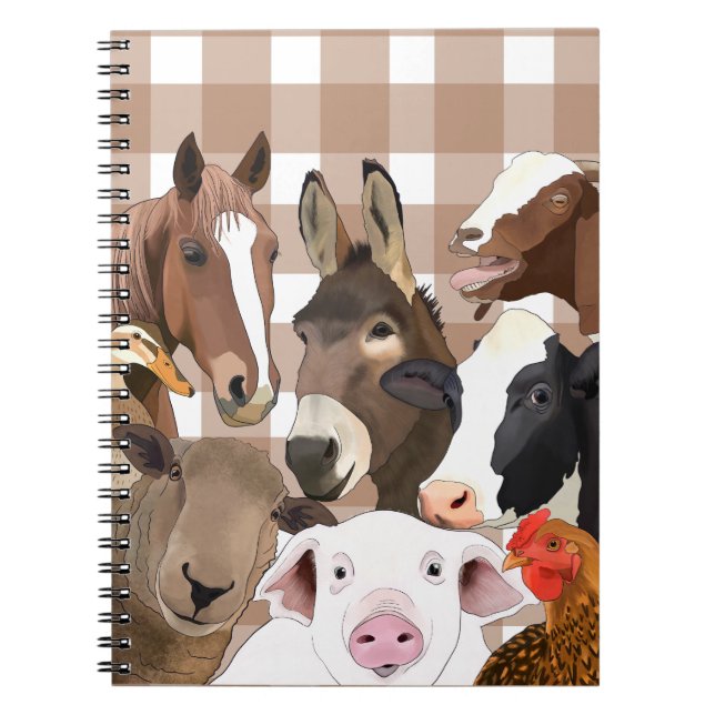 Cute Farm Animal Portrait Gingham Check - Brown Notebook (Front)