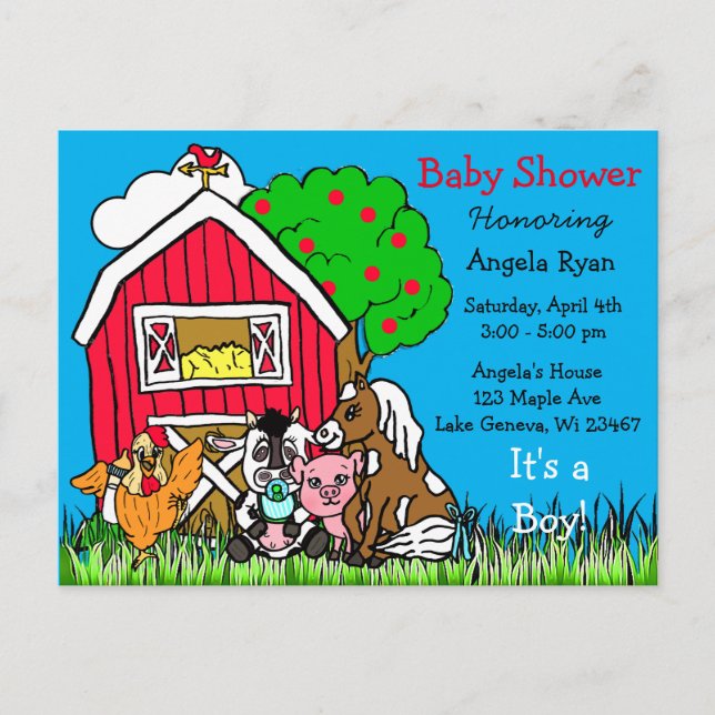 Cute Farm Animals and Red Barn Baby Shower Invites Postcard (Front)