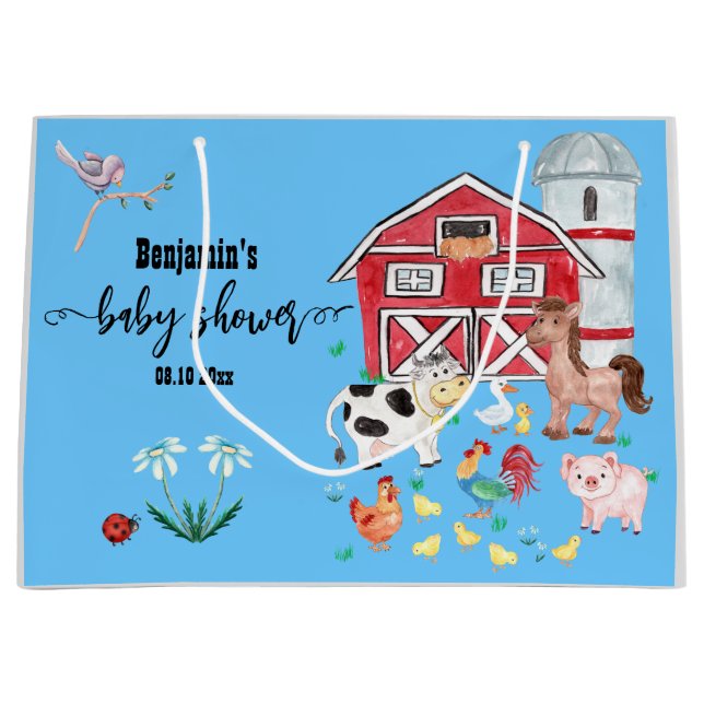 Cute Farm Animals Baby Shower Blue Large Gift Bag (Front)