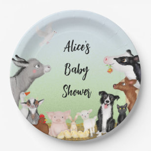 Cute farm animals baby shower round paper plate