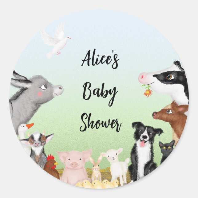 Cute farm animals baby shower round stickers (Front)