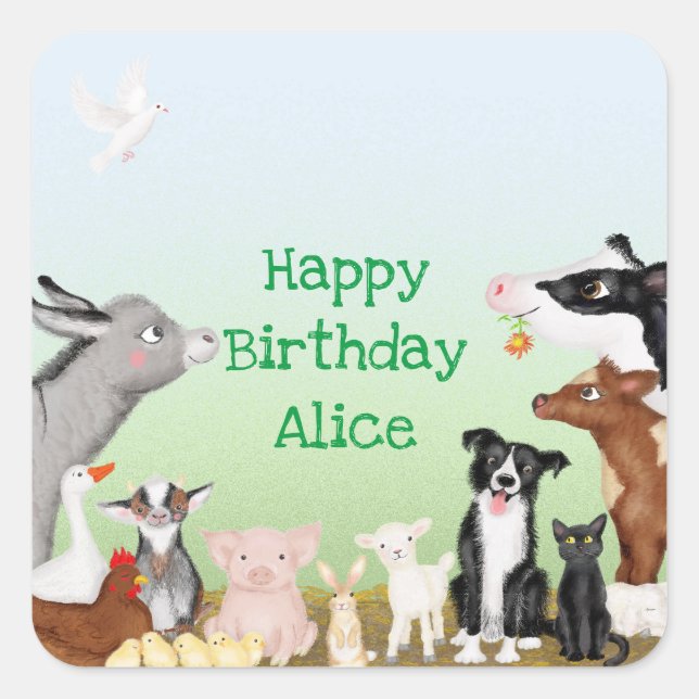 Cute farm animals baby shower square stickers (Front)