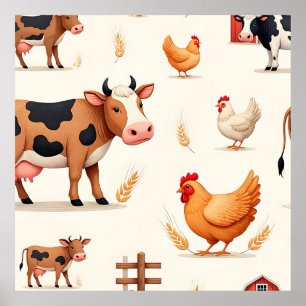 Cute Farm Animals Barn Pattern Poster