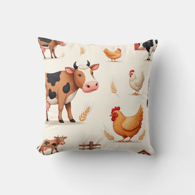 Cute Farm Animals Barn Pattern Throw Pillow (Front)