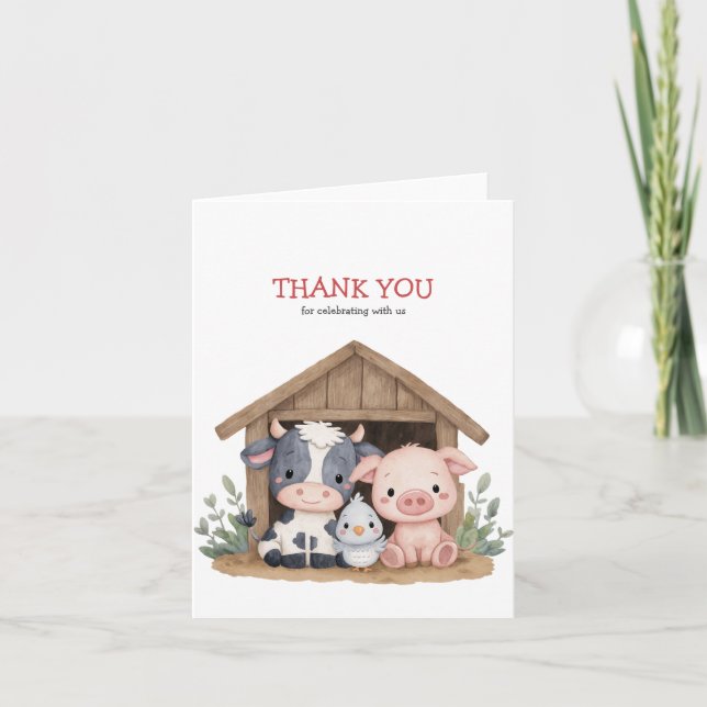 Cute Farm Animals Barnyard Birthday Party Thank You Card (Front)