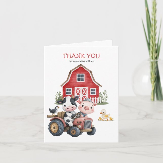 Cute Farm Animals Barnyard Birthday Party Thank You Card (Front)