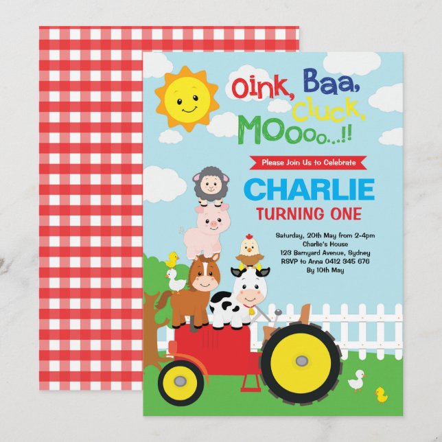Cute Farm Animals Barnyard Birthday Petting Zoo Invitation (Front/Back)