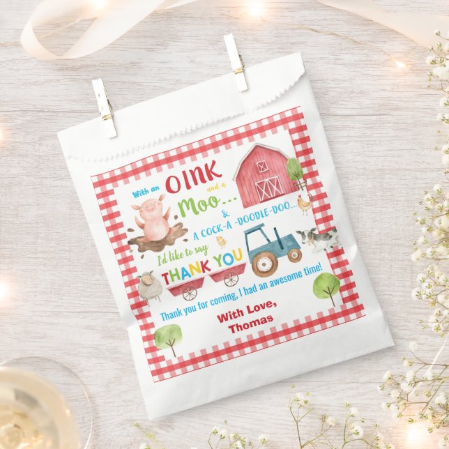 Cute Farm Animals Barnyard Birthday Thank You Favour Bag (Clipped)