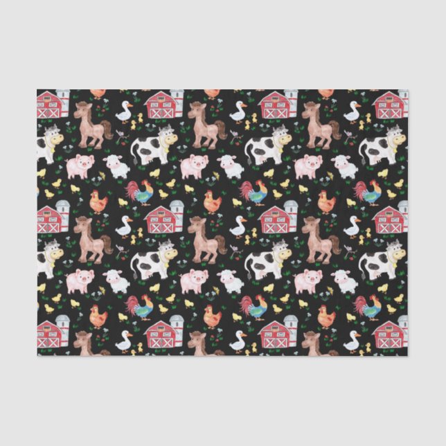 Cute Farm Animals Barnyard Black Tissue Paper (Front)