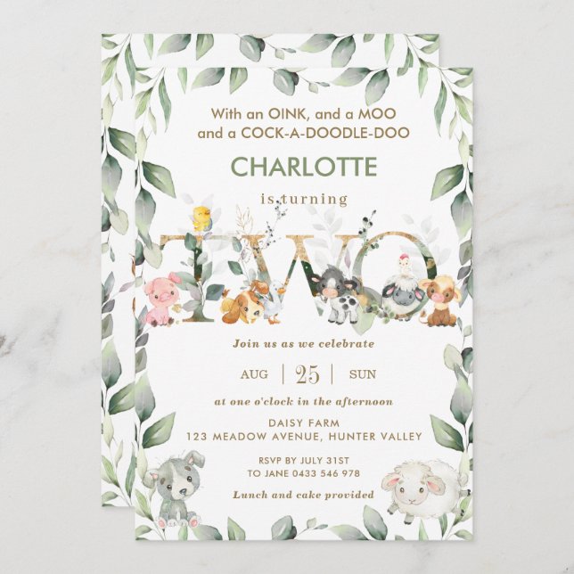 Cute Farm Animals Barnyard Greenery 2nd Birthday Invitation (Front/Back)