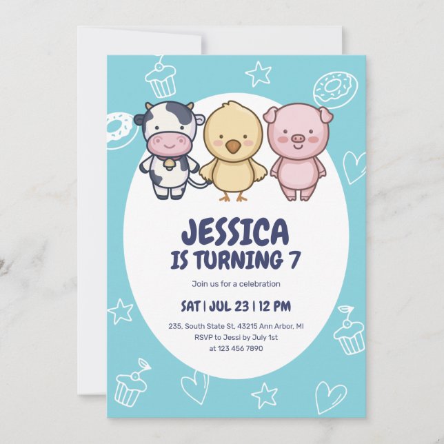 Cute Farm Animals Barnyard Party Kids Birthday Invitation (Front)